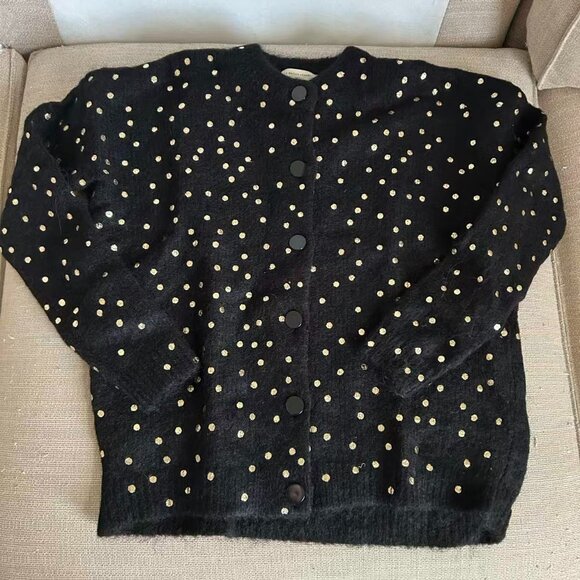 Sezane Talitha Cardigan Small Black/Gold Dots French Causal Knit Soft - Picture 7 of 11